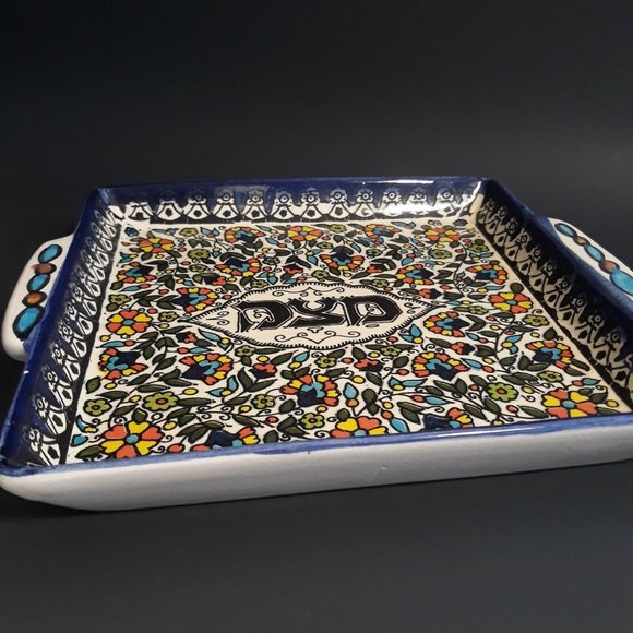 Ceramic Handpainted Shabbat Matzah Plate Platter Israel Passover Armenian 9 x 9 - Picture 3 of 10